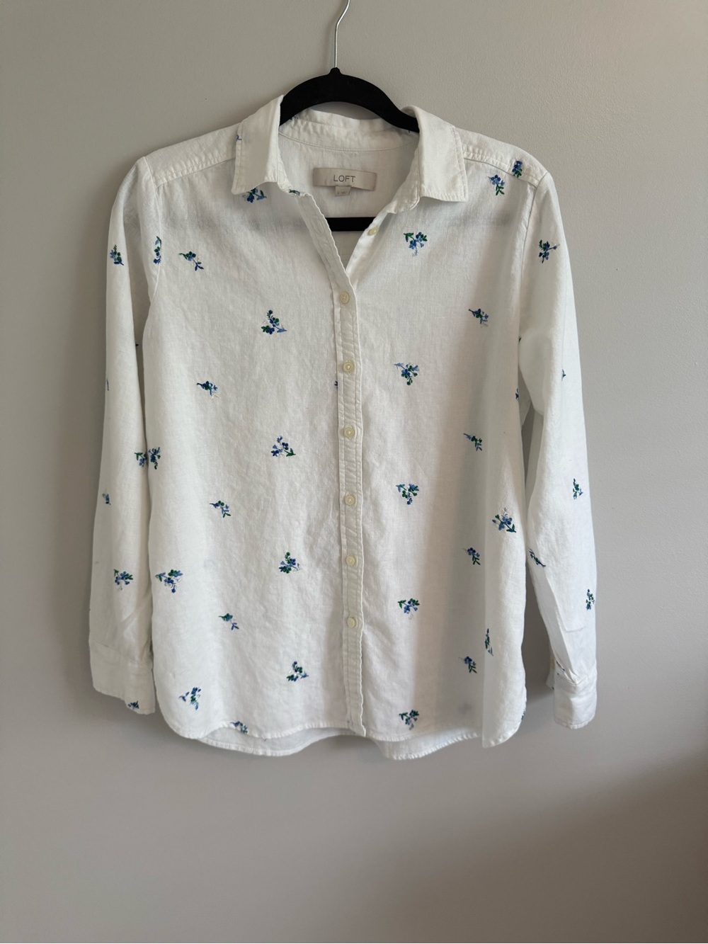 LOFT White Button-Down Shirt with Blue Floral Embroidery